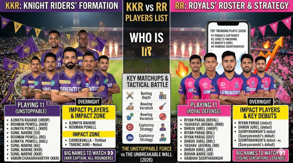 KKR vs RR Players List 2026